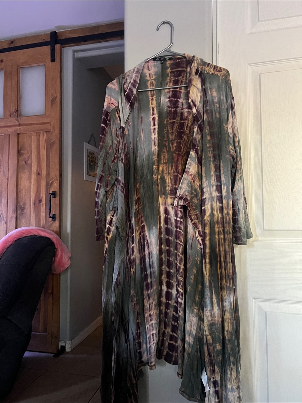 Women’s Long Sleeve Green Brown Tie-Dye Open Duster Dress
